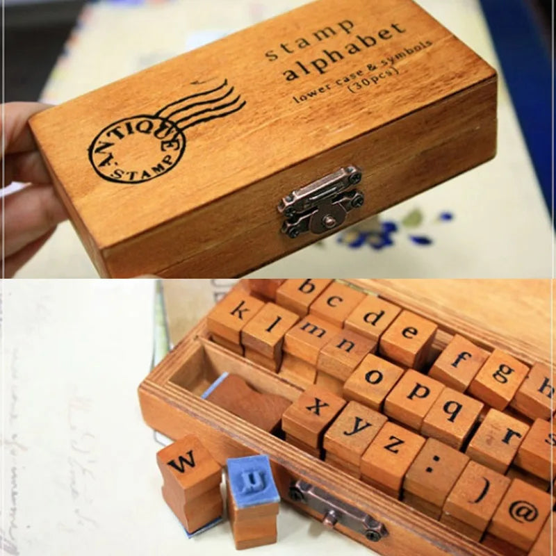 DIY Decorative Seal Orthographic Stamps: Vintage Craft Wooden Box with 70/42/32Pcs English Alphabet Letters