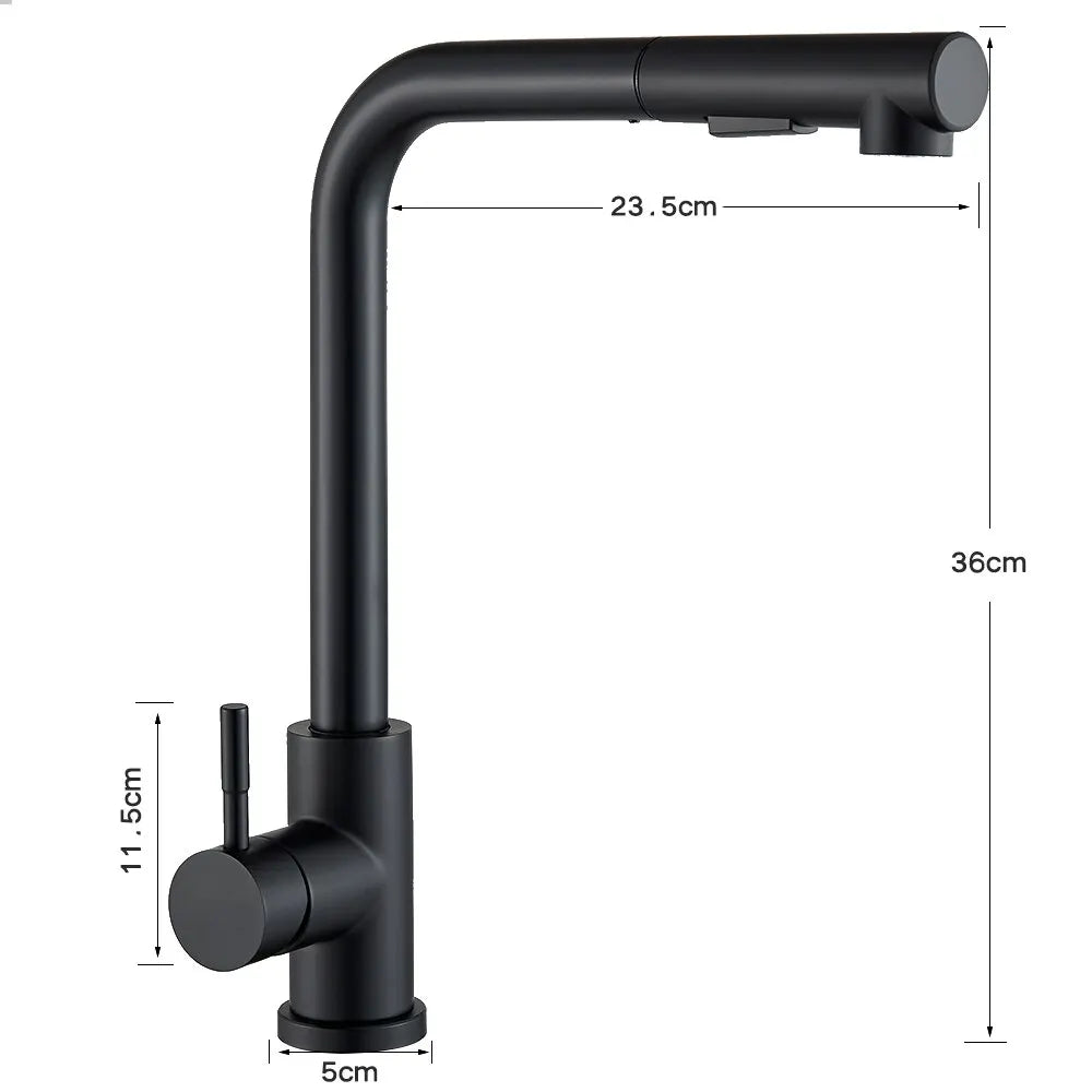 Black Pull Out Kitchen Sink Faucet - Flexible 2 Modes Stream & Sprayer Nozzle, Stainless Steel Hot Cold Water Mixer Tap Deck