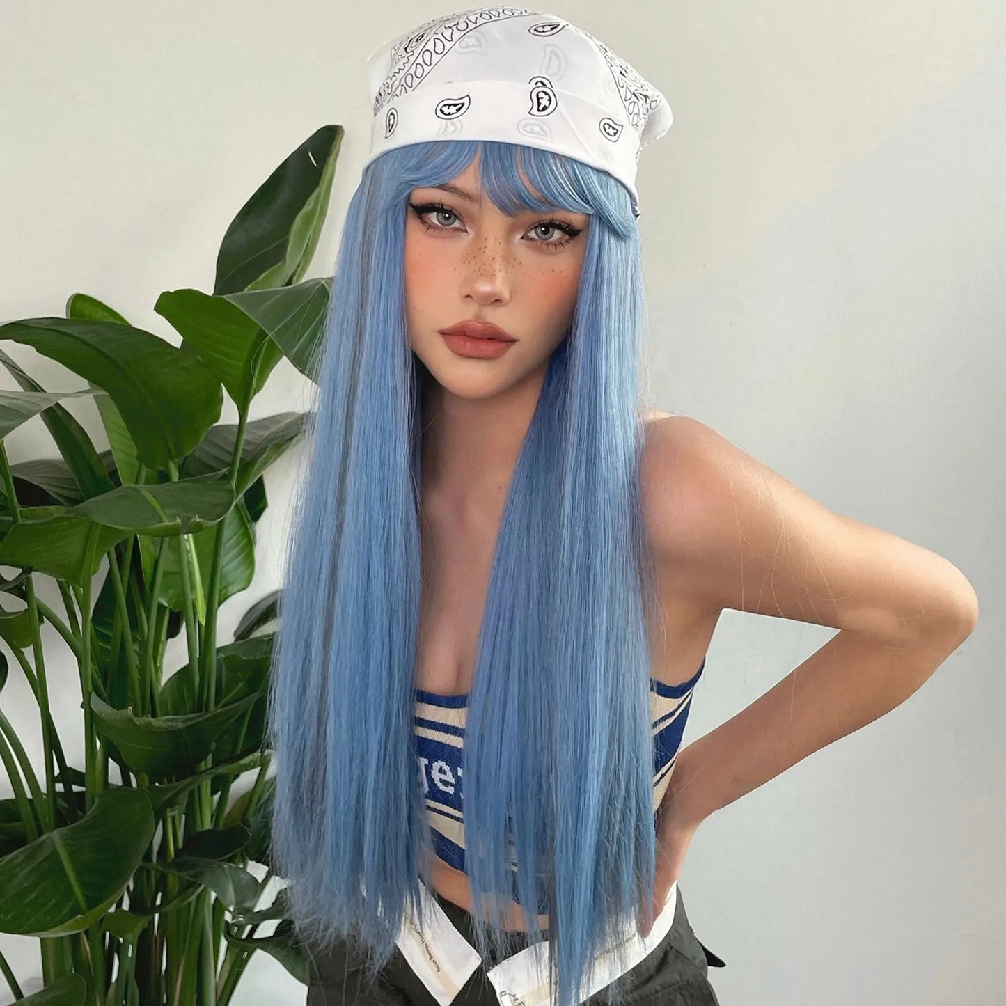 Blue and Grey Highlight Long Straight Synthetic Wig with Bangs – Heat-Resistant Cosplay Hair for Women