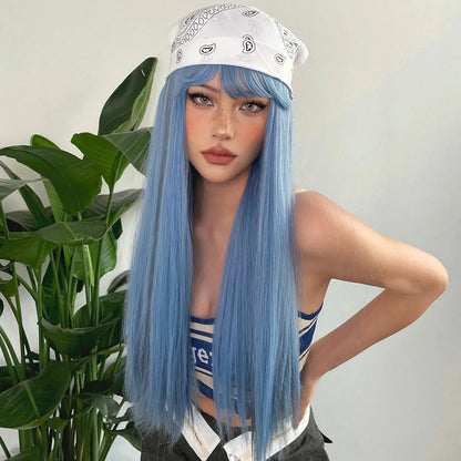 Blue and Grey Highlight Long Straight Synthetic Wig with Bangs – Heat-Resistant Cosplay Hair for Women