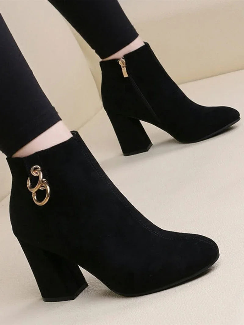 Retro Plush Warm Ankle Boots for Women - Vintage Block Heel High Heels with Zipper, Autumn Winter Footwear in Big Sizes 43