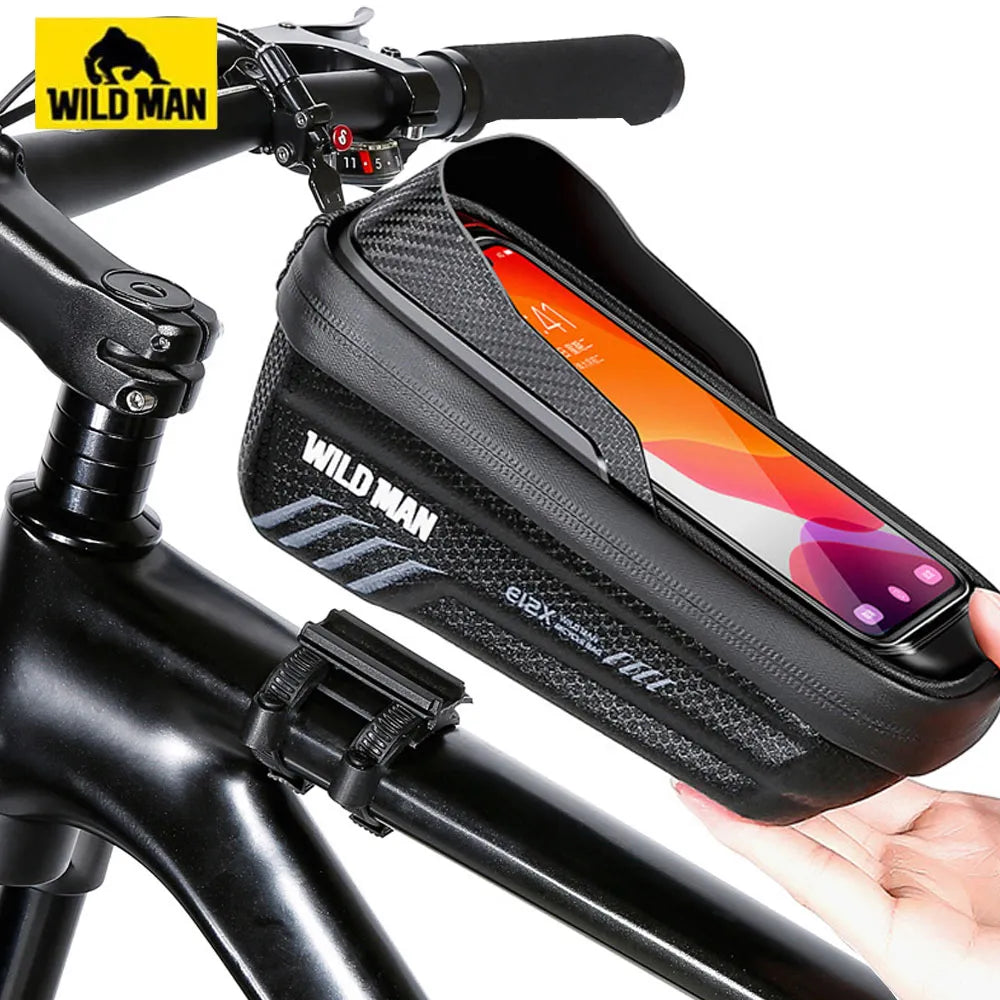 WILD MAN Bike Bag: 2L Front Tube Cycling Bag with Waterproof Phone Case Holder - 7.4 Inches Touch Screen, Bicycle Accessories