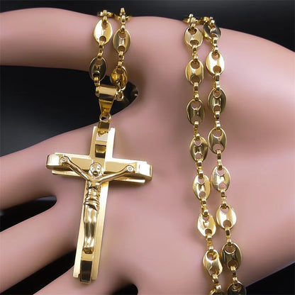 Jesus Cross Crucifix Pendant Necklace - Gold Stainless Steel Christian Coffee Bean Chain for Men, Croix Chrétienne