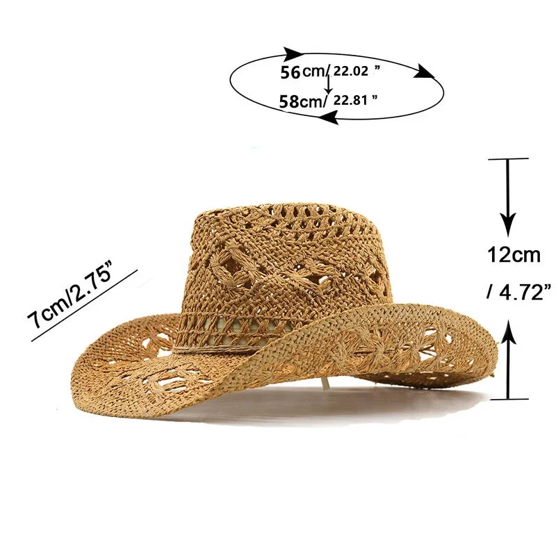 Classic Vintage Straw Western Cowboy Hat - Unisex Hollow Out Design with Wide Brim, Sun Protection Fishing and Climbing Cap