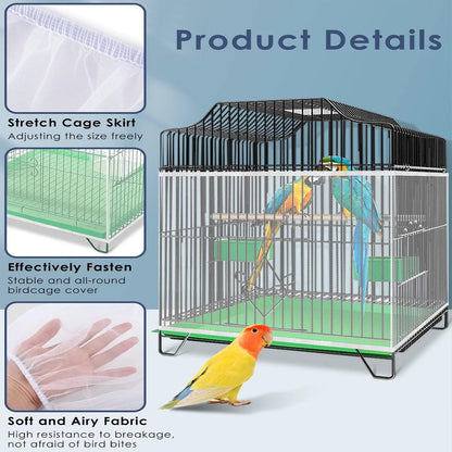 Adjustable Bird Cage Net Cover - Soft Skirt Guard and Feather Catcher - Nylon Mesh Netting for Round and Square Cages