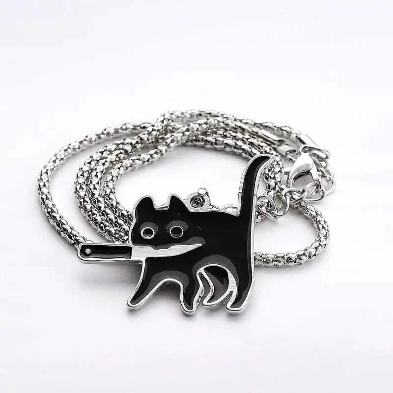 Hip Hop Fashion Knife Cat Necklace - Black Cat Pendant for Women & Men, Kpop Style, Sweater Chain Jewelry, Party Gift  2023