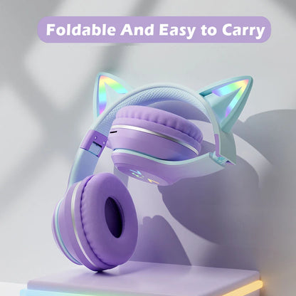 RGB Light Cat's Ears TWS Headset: Gradient Smile Face Headphone - Pink Little Girl Earphone Gift for Any Phone