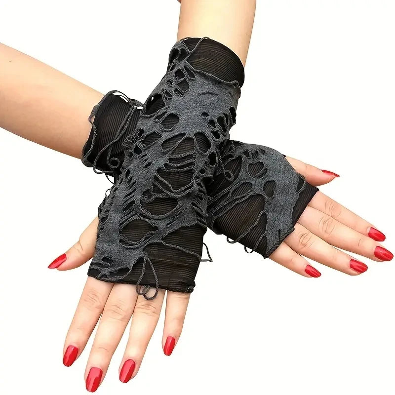 2024 New Gothic Fingerless Gloves - Fashionable and Durable Unisex Stretchy Gloves with Tear Design for Parties