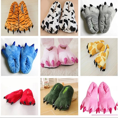 Funny Winter Monster Dinosaur Paw Slippers - Soft and Warm Cotton Shoes for Men, Women, and Kids, Perfect for Parent-Child Home Use