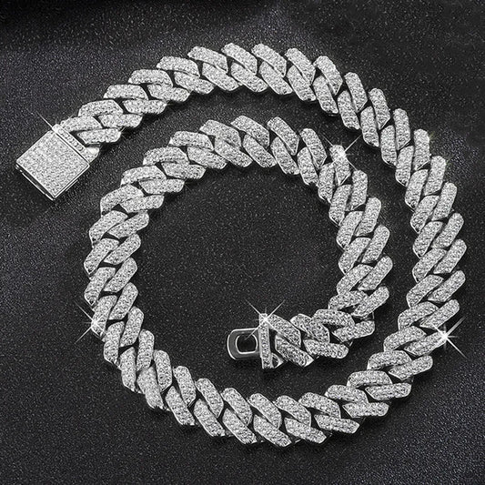 Hip Hop Shiny 15MM Cuban Link Chain Necklace | Silver Color Rhinestone Iced Out | Punk Jewelry for Women & Men | Gift