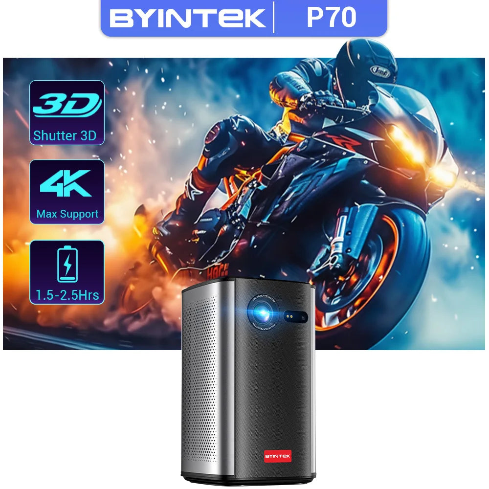 BYINTEK P70 3D 4K Mini Portable Projector - DLP, Auto Focus, Smart Android, WiFi, LED 1080P Home Theater Projector with Battery