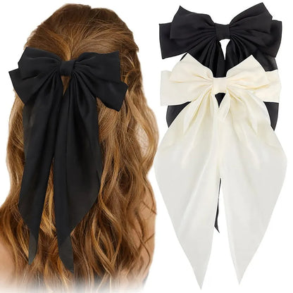 2Pcs/Set Elegant Bow Ribbon Hair Clip: Solid Bowknot Satin Hairpin Barrettes - Women's Fashion Ponytail Clip Hair Accessories