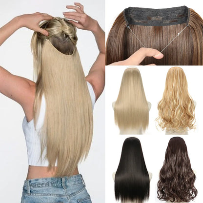 Natural-Looking Synthetic Hair Extension: Long Straight Hairpiece Blonde Black Mixed Color - Clip-Free False Hair Piece for Women