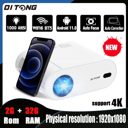 DITONG 4K WiFi 6 Bluetooth Projector | Auto Keystone & Focus | Home Theatre FHD Native 1080P | Outdoor Movie Experience