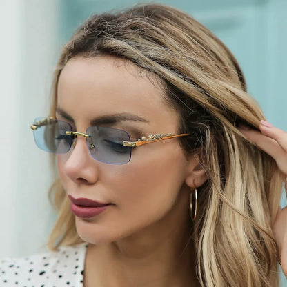 New Rimless Rectangle Sunglasses – Vintage Metal Leopard Head Design, Frameless Tinted Glasses for Women and Men