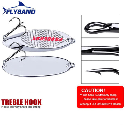 FLYSAND Hard Bait Silver Spoon Jigging Lure - Metal Treble Hook Casting Blade Spinner for Trolling, Stainless Steel Spinner Bait