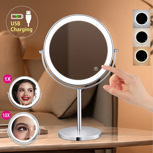 8 Inch 10X Magnifying LED Makeup Mirror - Double-Sided with 3 Color Light Touch Switch, USB Charging, Desktop Vanity Cosmetic Mirror