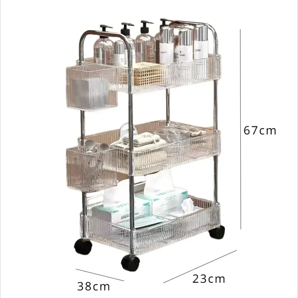 Acrylic Rolling Cart with Hanging Basket - Multi-Layer Transparent Bathroom, Makeup, and Snack Organizer, Movable Storage Rack