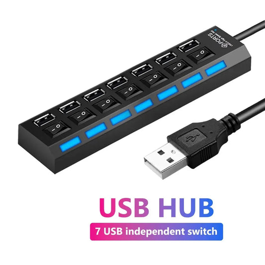 USB 2.0 Hub - Multi USB Splitter Ports Hub with Power Adapter - 4/7 Port Multiple Expander Hub with Switch - 30CM Cable for Home