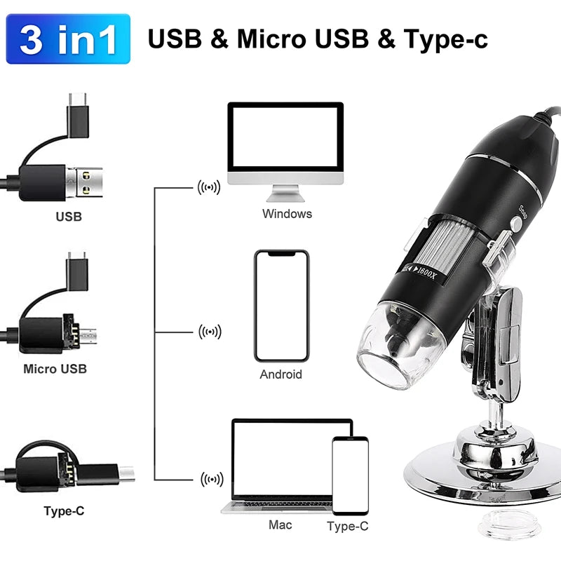 1600X 3-in-1 Digital Microscope Camera – Portable Electronic Microscope with LED Magnifier & Type-C USB Charging