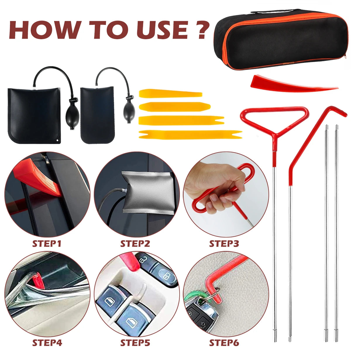 Car Window Door Key Anti-Lost Kit | Inflatable Air Pump Air Wedge Non-Marring Wedge with Long Reach Grabber for Car & Truck