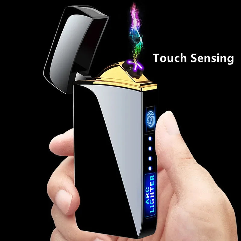 Electric Windproof Metal Lighter - Double Arc Flameless Plasma USB Rechargeable Lighter with LED Power Display & Touch Sensor