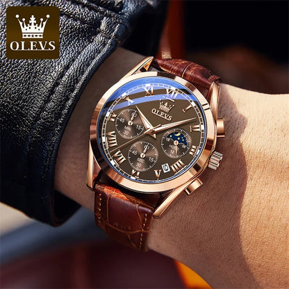 OLEVS Quartz Watch for Men - Top Brand Luxury, Moon Phase, Waterproof, Chronograph - Fashionable Wrist Watch for Men