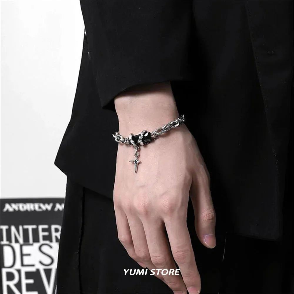 2024 Retro Black Zircon Star Bracelet | Titanium Steel Punk Chain for Women & Men | Unisex Couple Jewelry Accessories