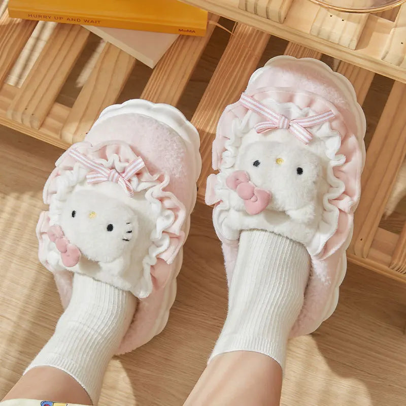 Sanrio Hello Kitty Cotton Slippers for Women - My Melody Winter Thick Soft Sole Slides, Indoor Floor Flat Home Non-Slip Shoes