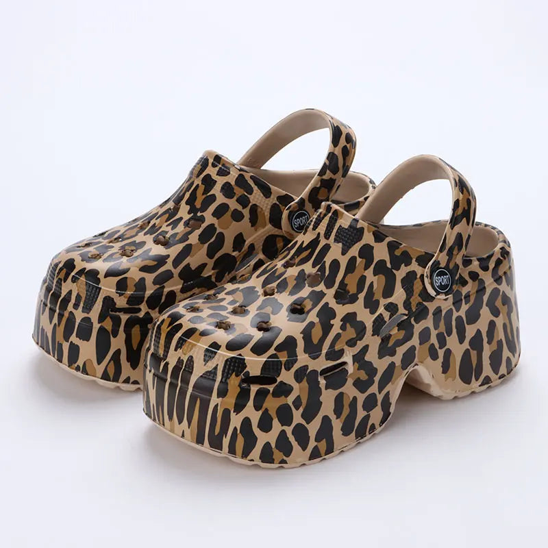 Leopard Print Thick Bottom Clogs for Women - Closed Toe Chunky Platform Sandals with Super High Wedge Heel, Summer 2023