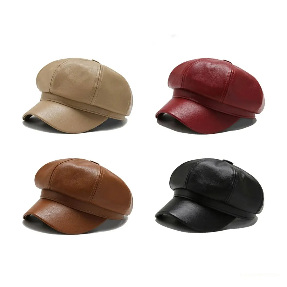 Autumn and Winter Leather Octagonal Hat for Women - British Style Retro Casual Beret, Cute and Fashionable Versatile Headwear