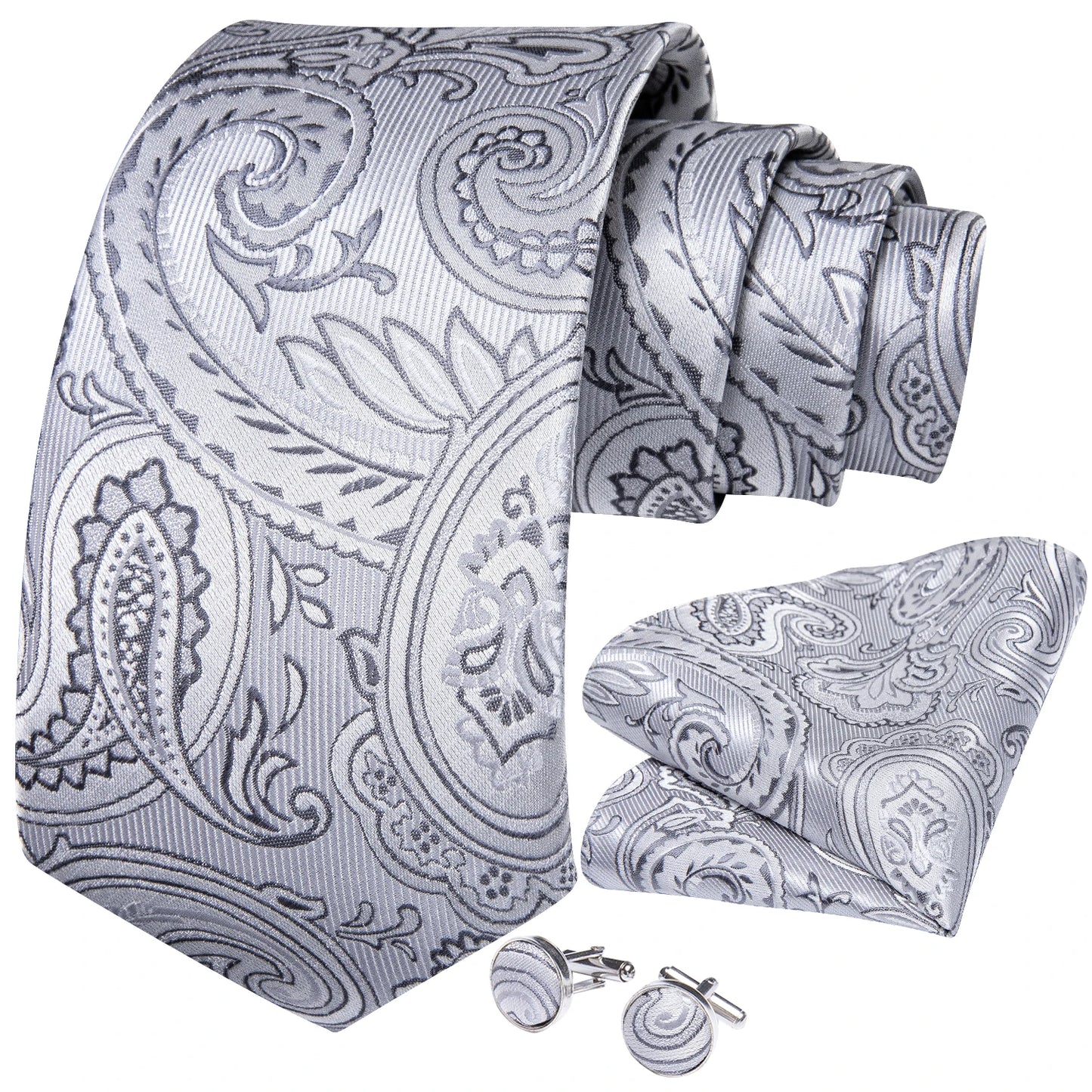 Grey and Gold Paisley Silk Necktie Set - 8cm Tie, Handkerchief, Cufflinks - Black Pink Grey Floral Design for Wedding and Party - Men's Gift