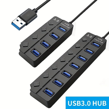 4/7-Port USB 3.0 Hub with LED Indicator - Independent Switch Control for Laptop, Flash Drives, Hard Drives, Printers, Cameras, and Keyboards