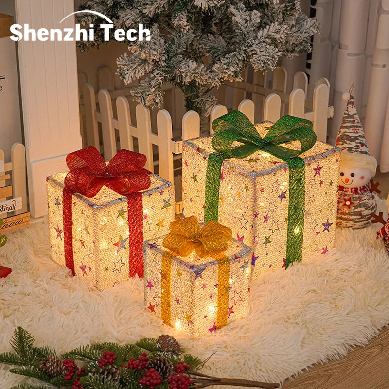 Set of 3 Lighted Christmas Gift Boxes with Remote Control - Smart Luxury Present Boxes for Indoor and Outdoor Decorations