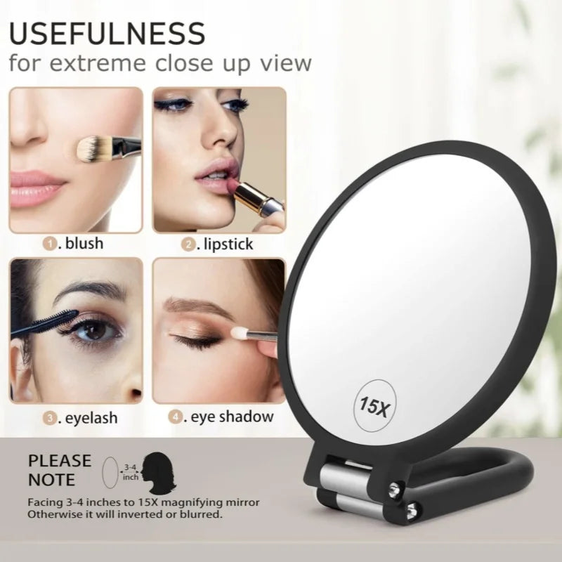 Double-Sided Magnifying Handheld Mirror - 1X/15X Magnification, Travel-Friendly with Folding Stand, Adjustable for Dressing Table