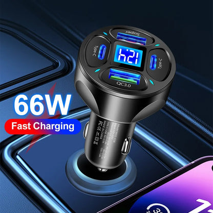 66W 4 Ports USB Car Charger - Fast Charging PD & Quick Charge 3.0 Adapter for iPhone 13, 12, Xiaomi, Samsung