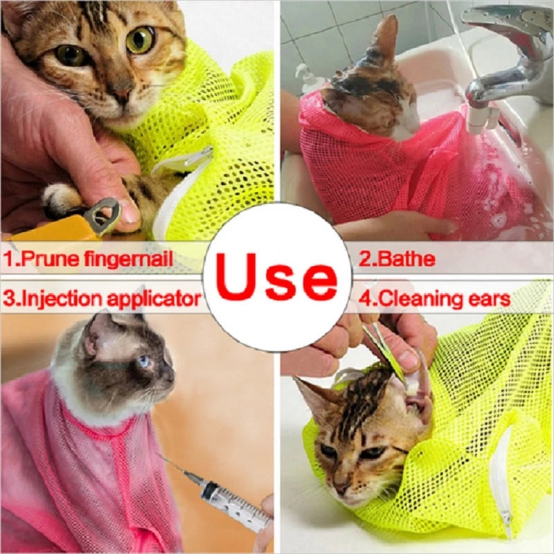 Adjustable Mesh Cat Grooming Bath Bag: Anti-Scratch Bite Restraint for Dogs & Cats - Pet Washing & Nail Trim Accessory