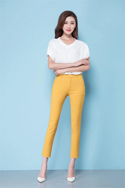 Slim High Waist Elastic Pencil Pants - Skinny Ankle-Length Trousers for Women up to 75kg, Casual Spring 2024 Office Wear