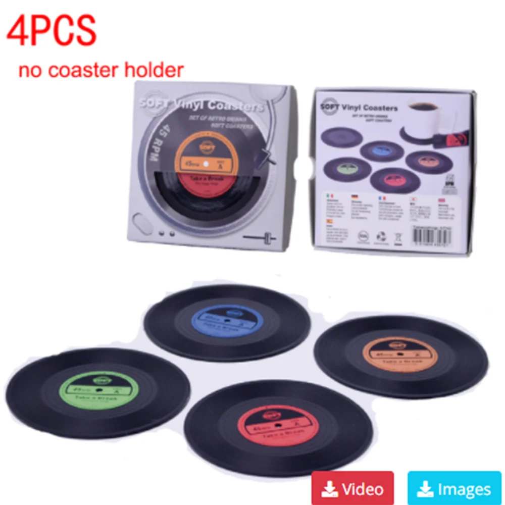 Set of 6 Vinyl Coasters – Retro Music Coasters with Vinyl Record Player Holder | Creative Record Disk Mug Pad Mat for Drinks