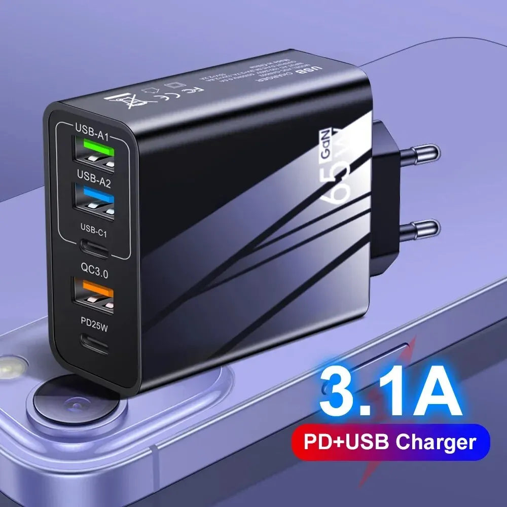 65W Fast Charger Mobile Charging Head: PD Plus 3USB Travel Multi-Interface Charger 3.1A - Compatible with Samsung, Xiaomi, iPhone - EU/US Adapter