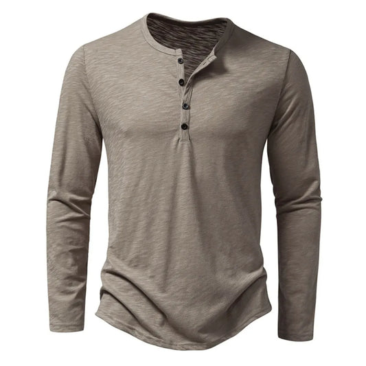 Men's Cotton Button Henley Shirt - Long Sleeve Casual Fashion T-Shirt, Solid Color