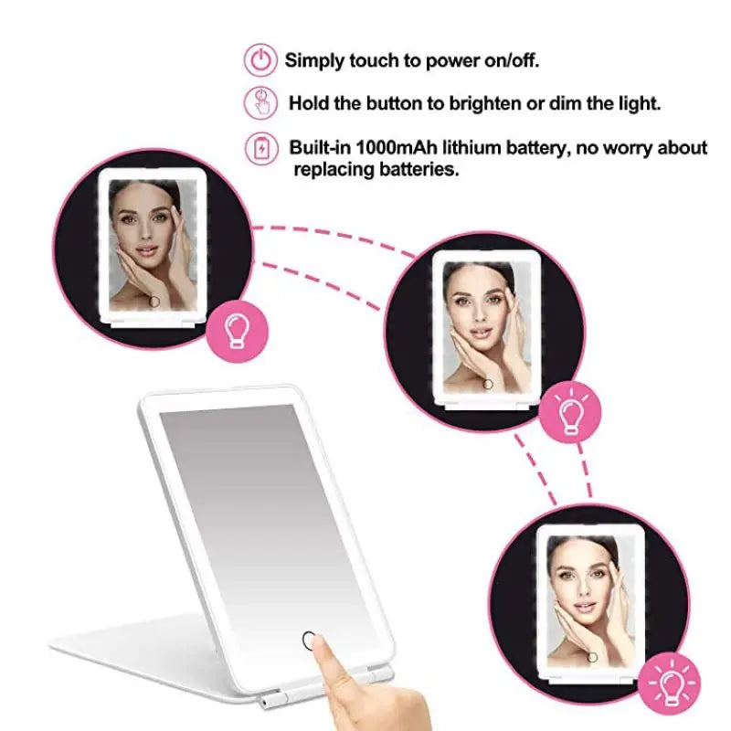 Portable LED Vanity Lamp Makeup Mirror: Folding Touch Screen Cosmetic Mirror with USB Rechargeable LED Lamp - Foldable and Lighted Design