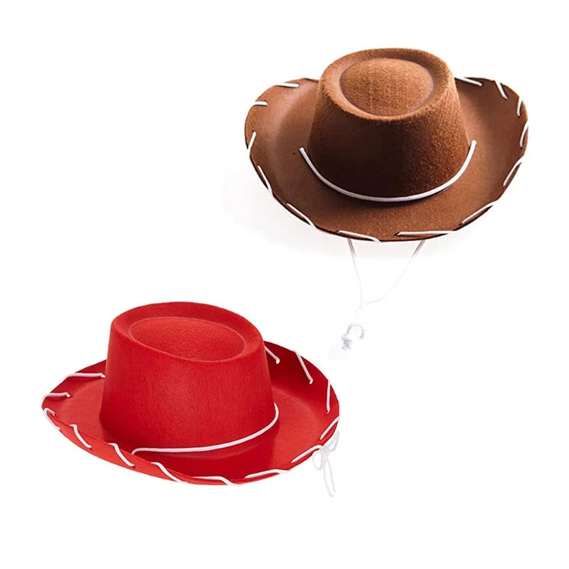 Children's Brown and Red Felt Cowboy Hat - Adjustable Western Big Brimmed Woody Hat