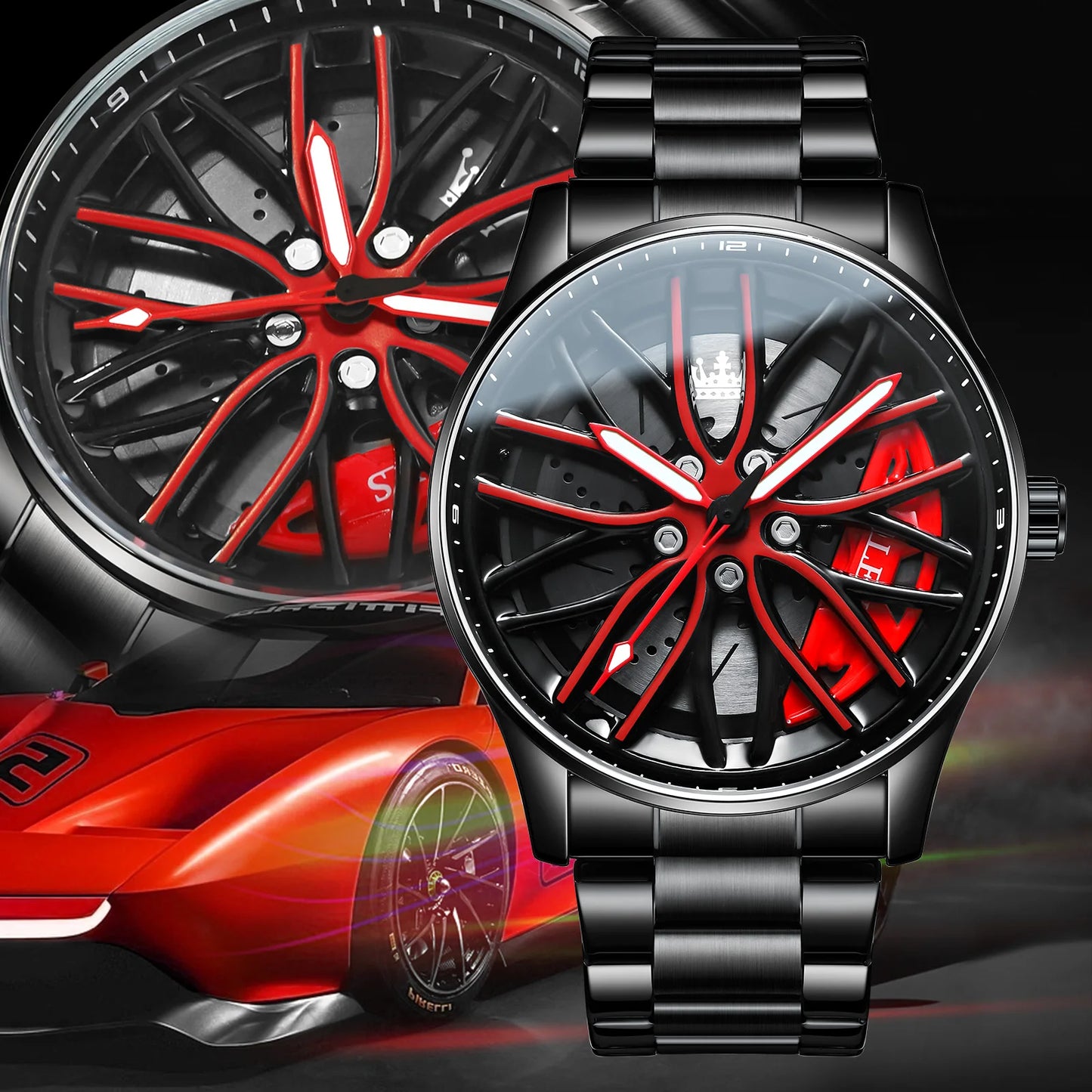 OLEVS Wheel Men's Luxury Watch – Waterproof, Rotary Sport Car Rim Design, High-Quality Fashion Quartz Watch, Best Seller