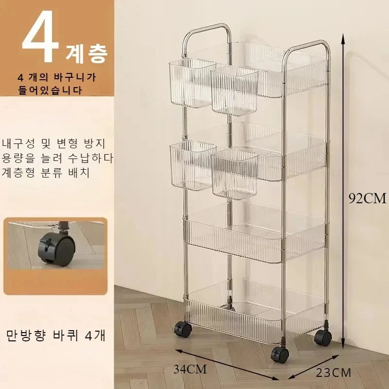 Acrylic Rolling Cart with Hanging Basket - Multi-Layer Transparent Bathroom, Makeup, and Snack Organizer, Movable Storage Rack