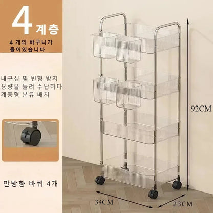 Acrylic Rolling Cart with Hanging Basket - Multi-Layer Transparent Bathroom, Makeup, and Snack Organizer, Movable Storage Rack