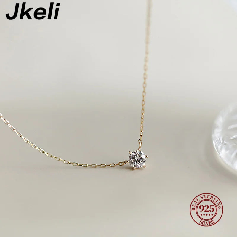 Jkeli 925 Sterling Silver Necklace - 18k Gold Plated with Single Sparkling Zircon, Women's Clavicle Chain for Weddings