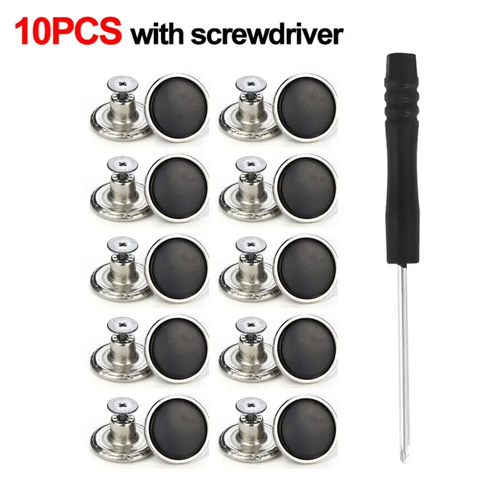 10Pcs Metal Jeans Buttons - 17mm No-Sewing Screw Replacement, Nailless Removable Jean Buckles and Repair Kit for Clothing