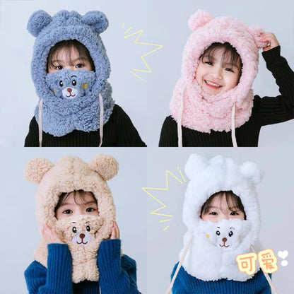 Children's Trendy Winter Hat with Neck Cover - Cute Bear Plush Design | Warm Ear and Face Protection Cap for Boys and Girls