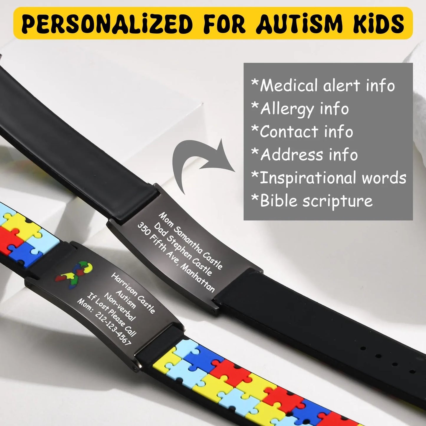 Custom Autism ID Bracelet for Boys - Colorful Puzzle Silicone with Free Engraving, Perfect Parents' Gift